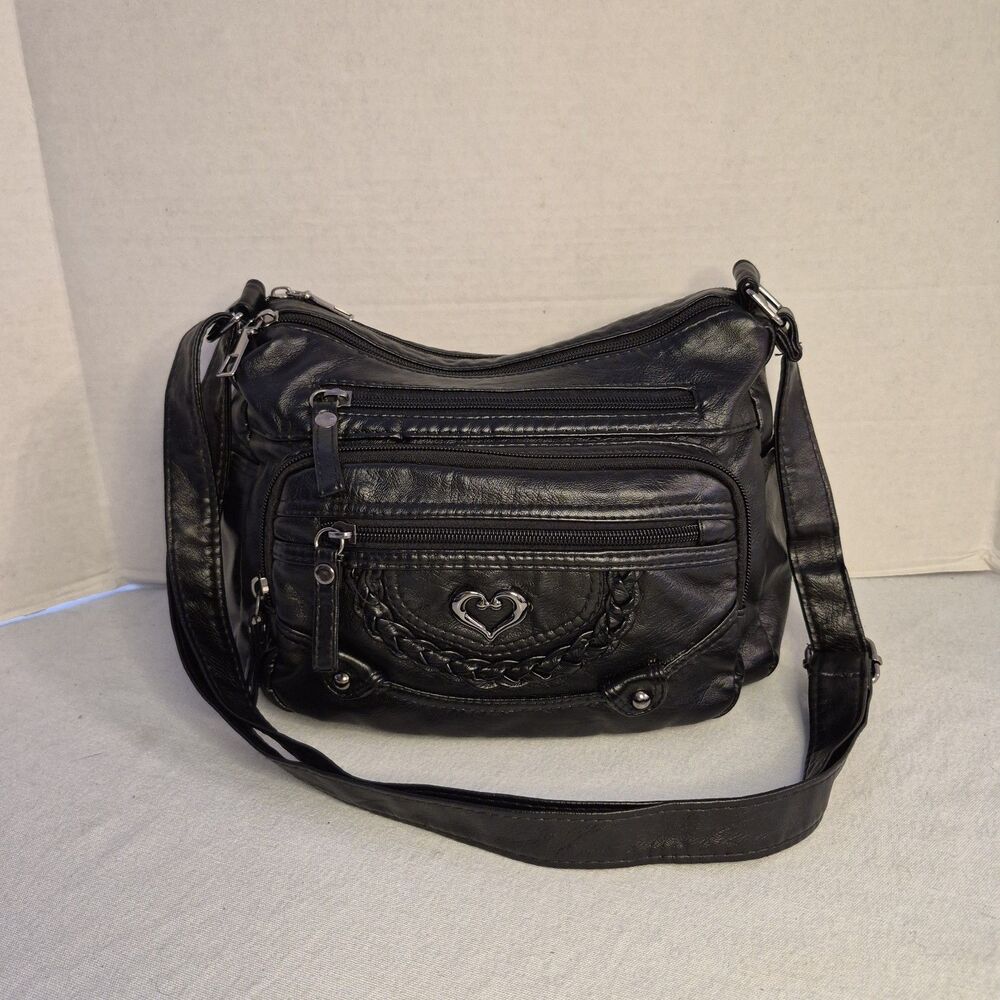 PU Soft Leather Crossbody Purse Black Lightweight Multiple Compartments 9x7x3
